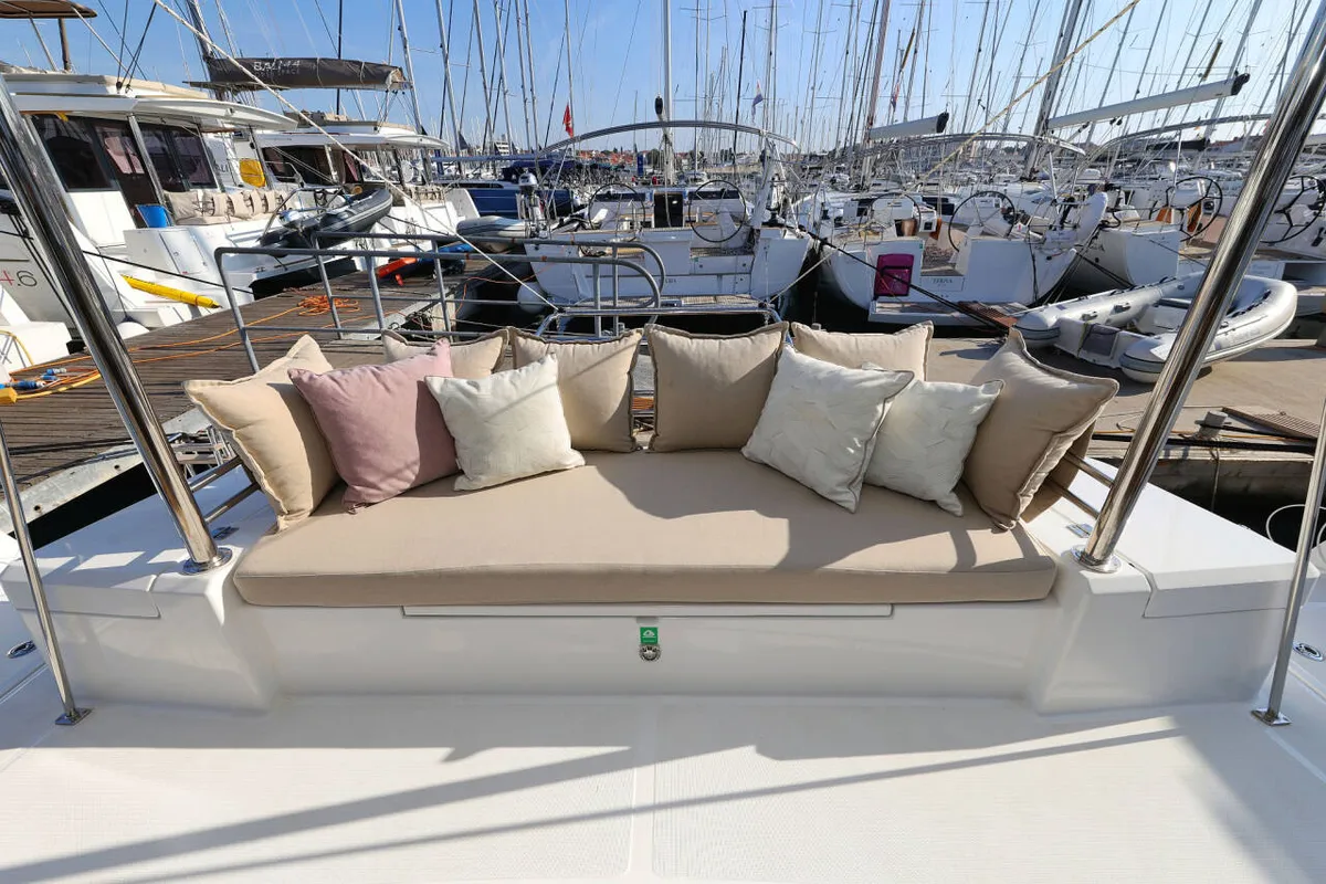 Deck of Azul, a Bali 4.2 catamaran at Figari/Golfo Aranci, Italy