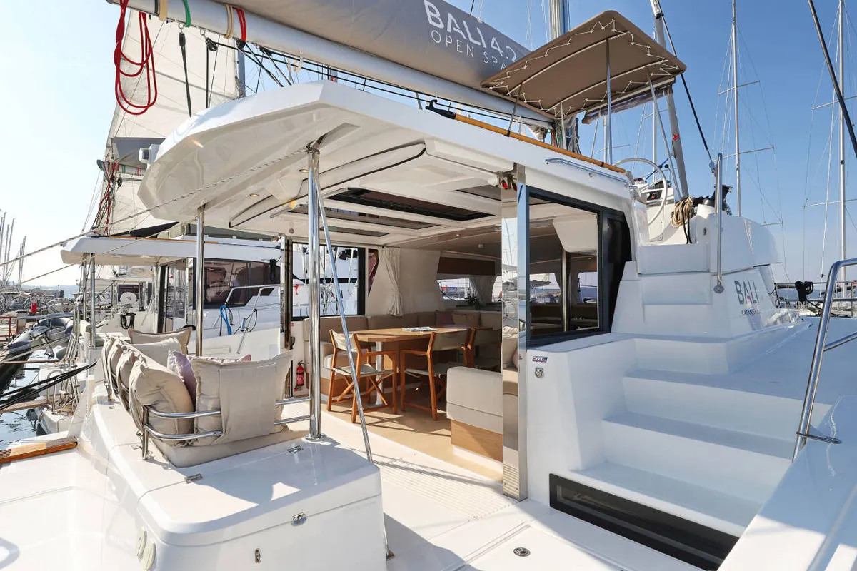 Deck of Azul, a Bali 4.2 catamaran at Figari/Golfo Aranci, Italy