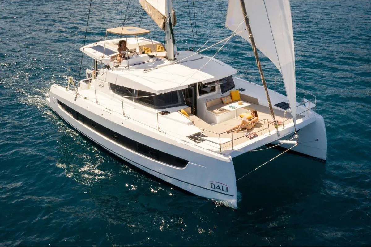 Exterior view of Azul, a Bali 4.2 catamaran at Figari/Golfo Aranci, Italy