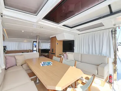 Salon of Azul, a Bali 4.2 catamaran at Figari/Golfo Aranci, Italy