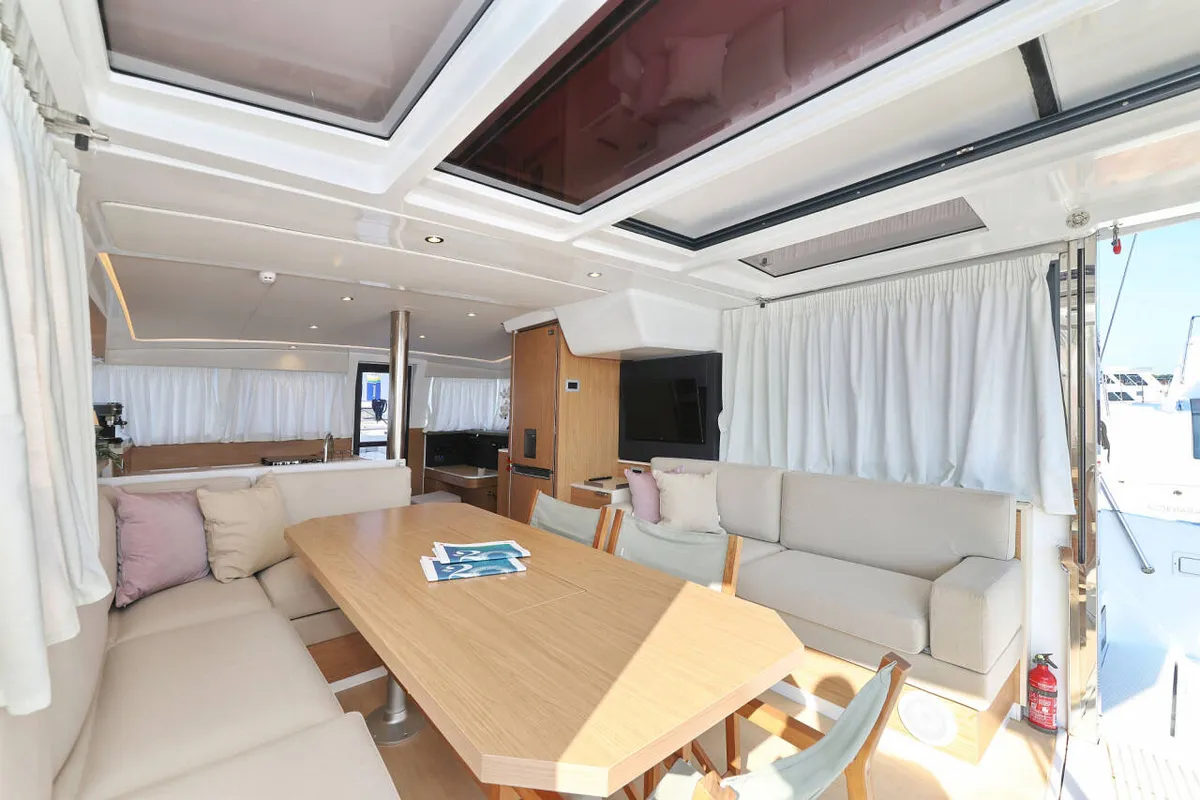 Salon of Azul, a Bali 4.2 catamaran at Figari/Golfo Aranci, Italy