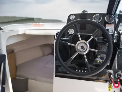 Cockpit of Balt Sun Camper 35, a motorboat at Casier, Italy