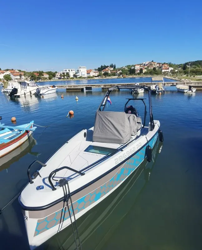 Exterior view of Saxdor 200, a motorboat at Sukošan, Croatia
