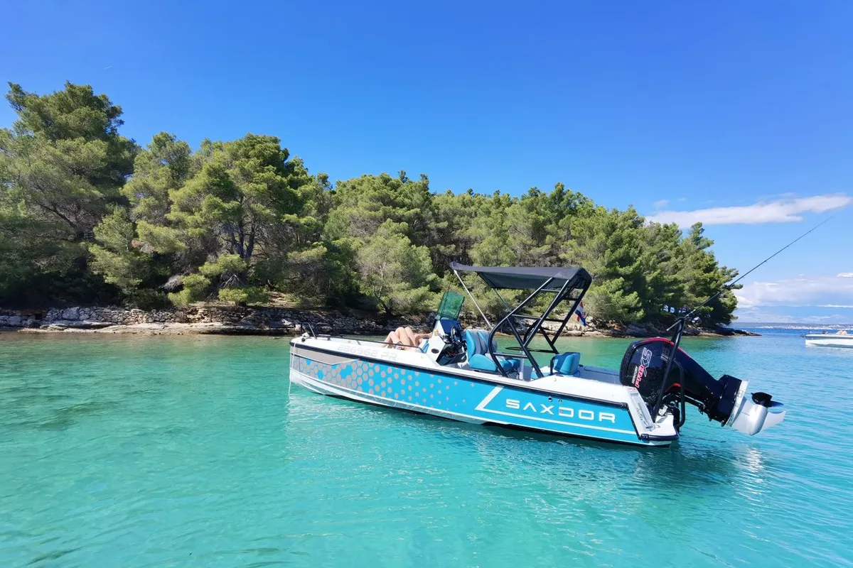 Exterior view of Saxdor 200, a motorboat at Sukošan, Croatia