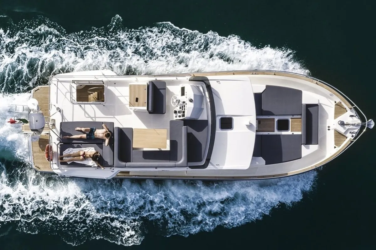 G&K2, a Cranchi T43 Eco Trawler motorboat at Cannigione, Italy