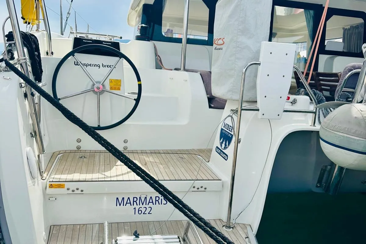 Cockpit of Whispering Breeze, a Excess 11 catamaran at Fethiye, Turkey