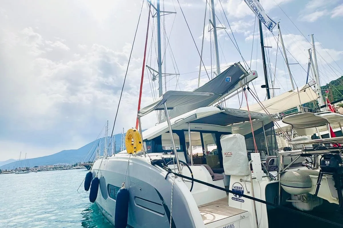 Exterior view of Whispering Breeze, a Excess 11 catamaran at Fethiye, Turkey