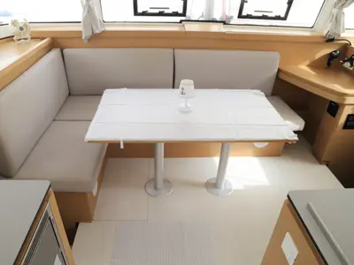 Salon of Whispering Breeze, a Excess 11 catamaran at Fethiye, Turkey