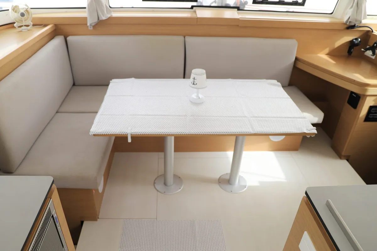 Salon of Whispering Breeze, a Excess 11 catamaran at Fethiye, Turkey