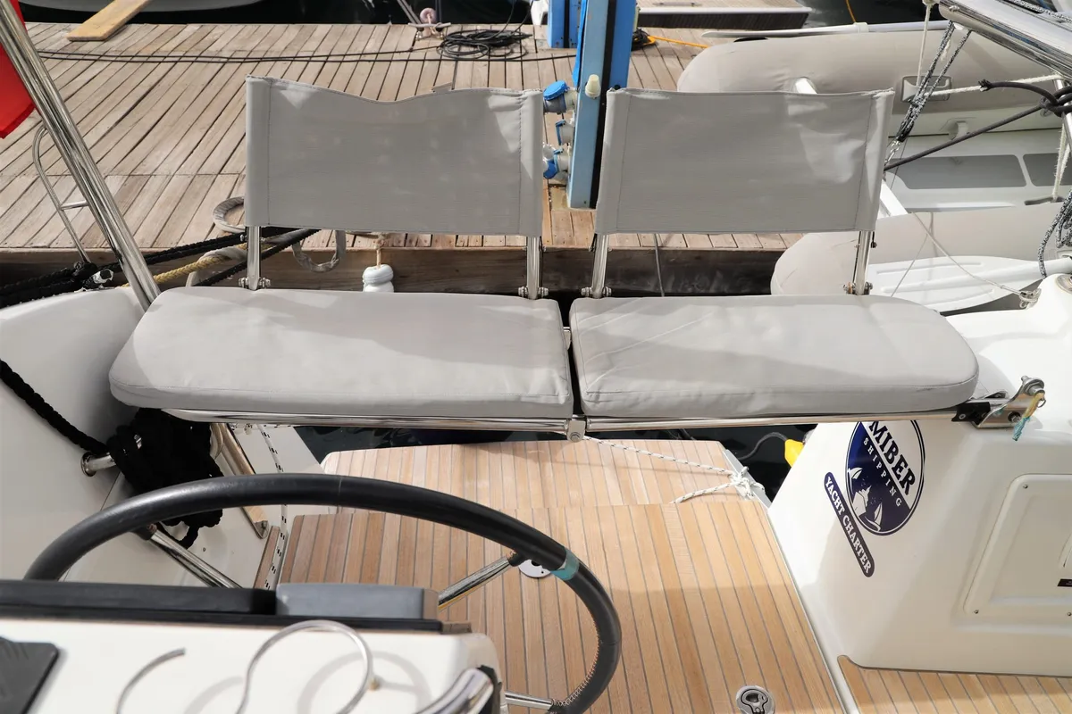 Cockpit of Whispering Breeze, a Excess 11 catamaran at Fethiye, Turkey