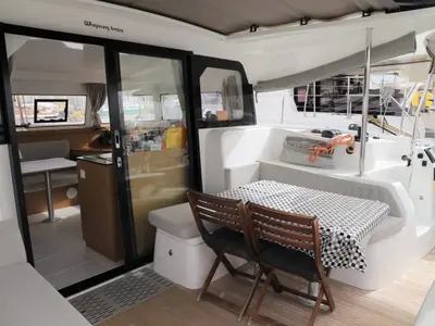 Deck of Whispering Breeze, a Excess 11 catamaran at Fethiye, Turkey
