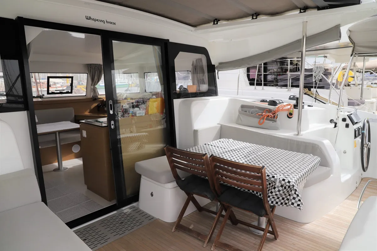 Deck of Whispering Breeze, a Excess 11 catamaran at Fethiye, Turkey