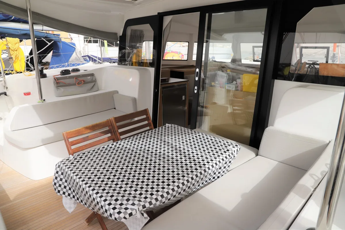 Deck of Whispering Breeze, a Excess 11 catamaran at Fethiye, Turkey
