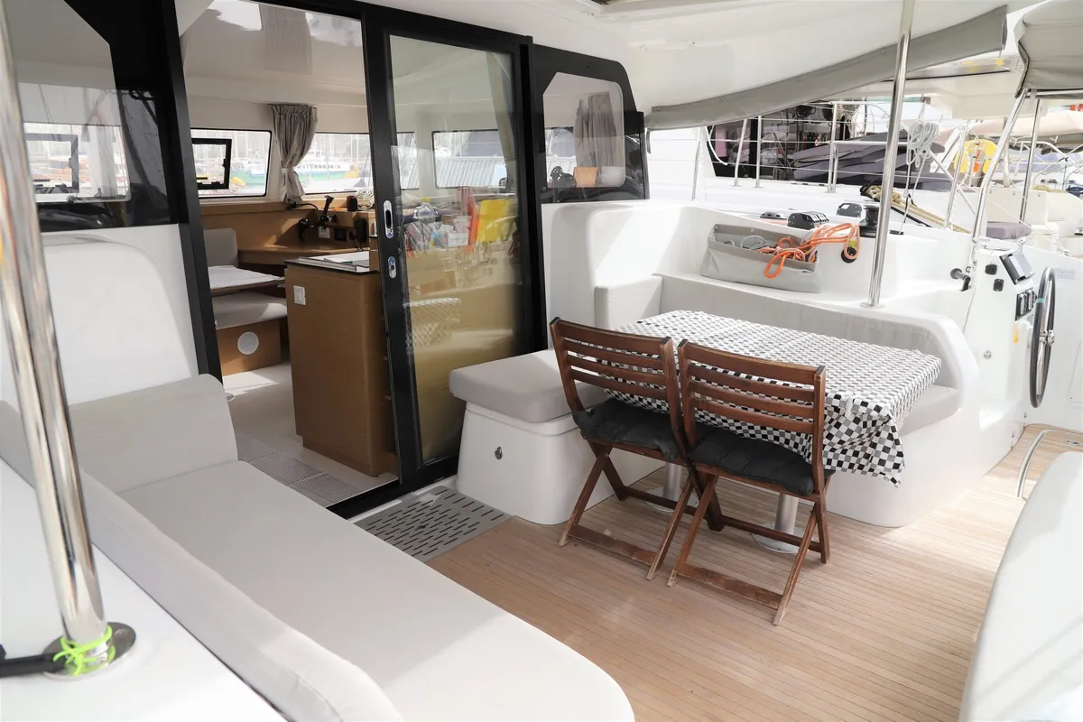 Deck of Whispering Breeze, a Excess 11 catamaran at Fethiye, Turkey