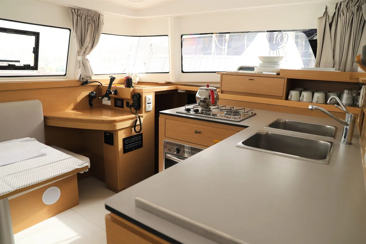 Galley of Whispering Breeze, a Excess 11 catamaran at Fethiye, Turkey