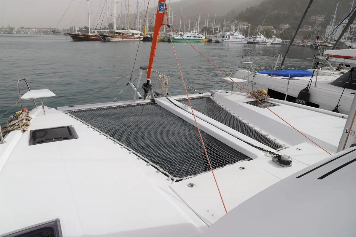 Deck of Whispering Breeze, a Excess 11 catamaran at Fethiye, Turkey