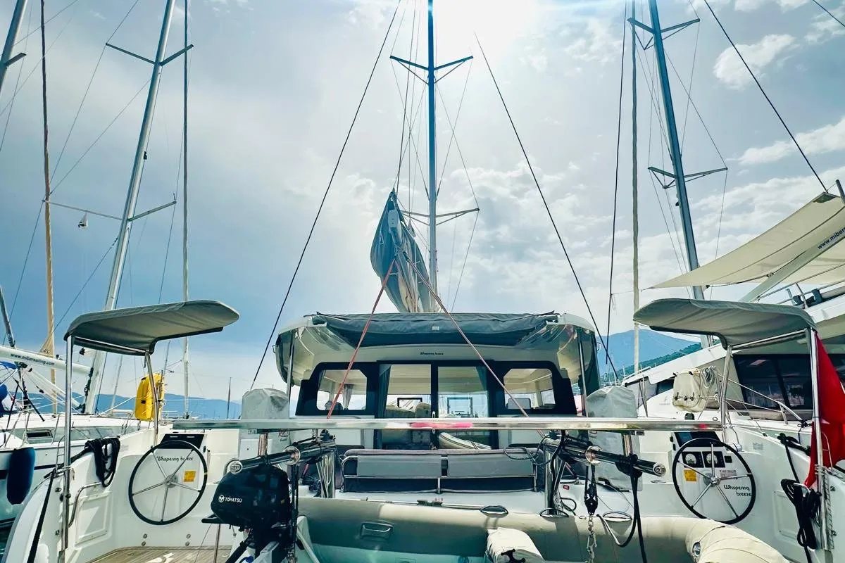 Cockpit of Whispering Breeze, a Excess 11 catamaran at Fethiye, Turkey