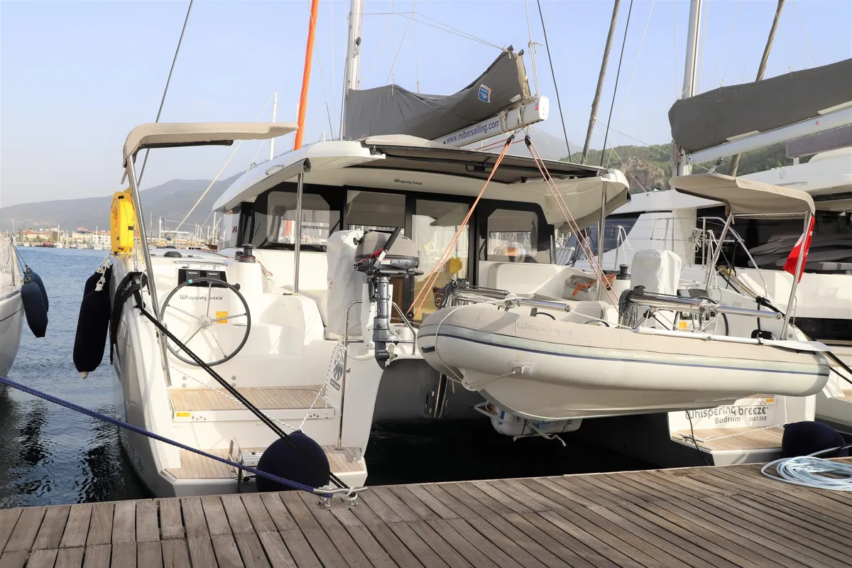 Exterior view of Whispering Breeze, a Excess 11 catamaran at Fethiye, Turkey