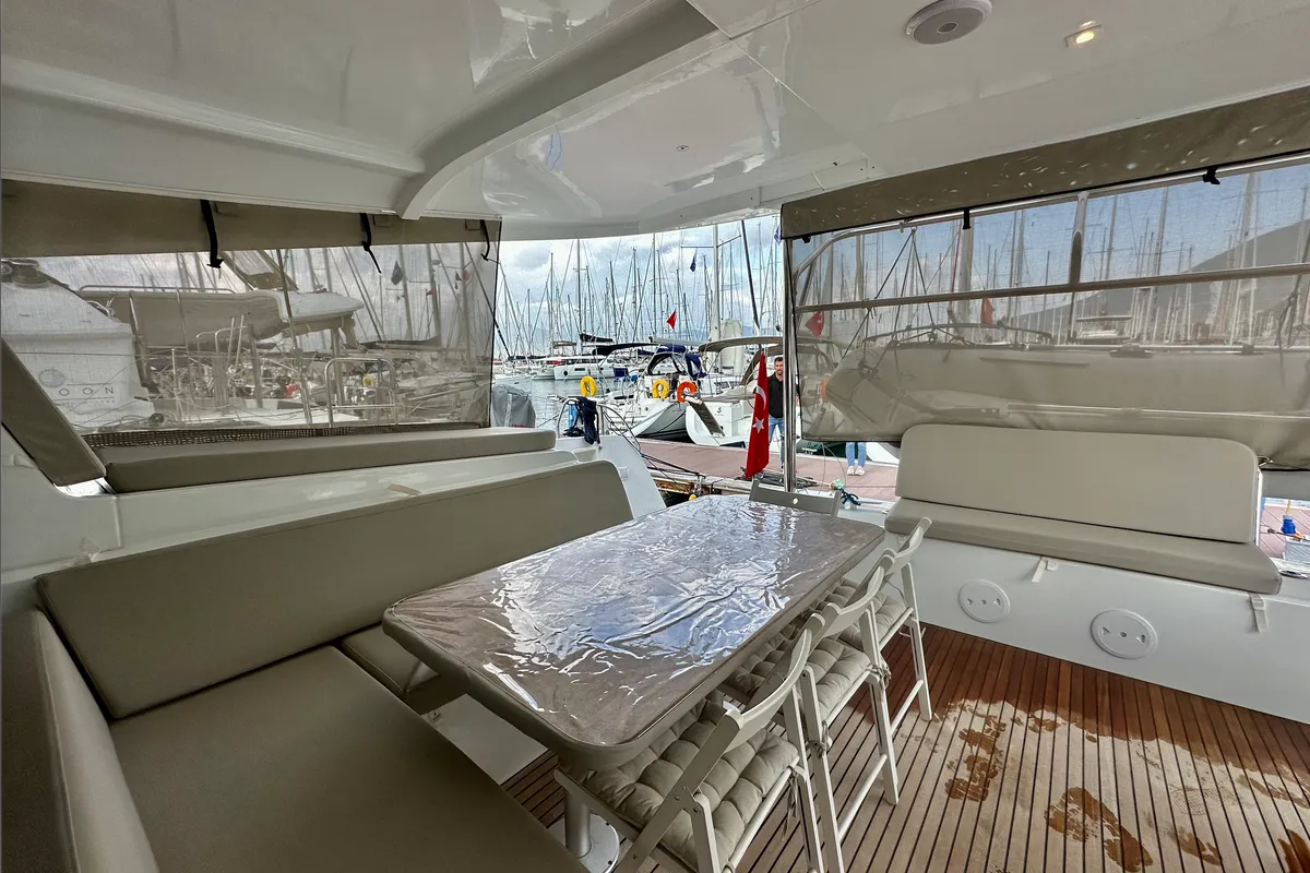 Deck of Sail Adasu, a Lagoon 42 catamaran at Fethiye, Turkey