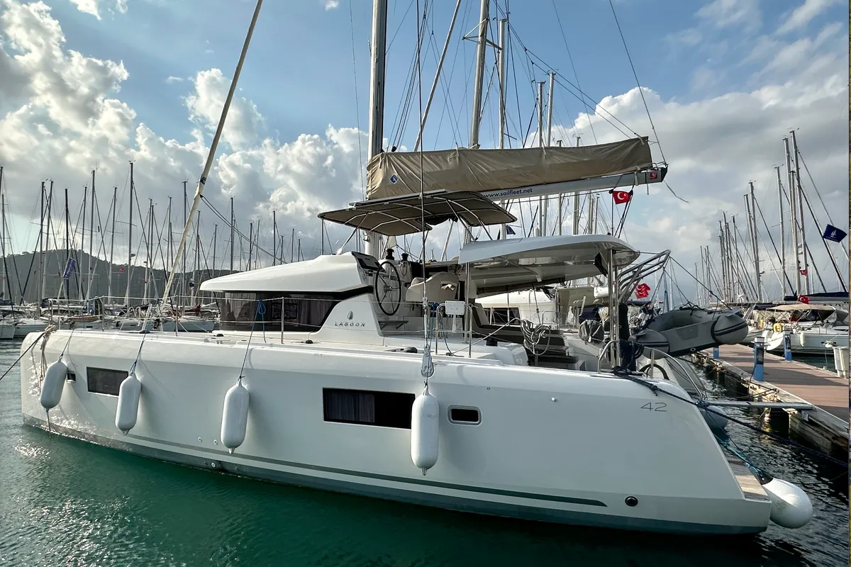 Exterior view of Sail Adasu, a Lagoon 42 catamaran at Fethiye, Turkey