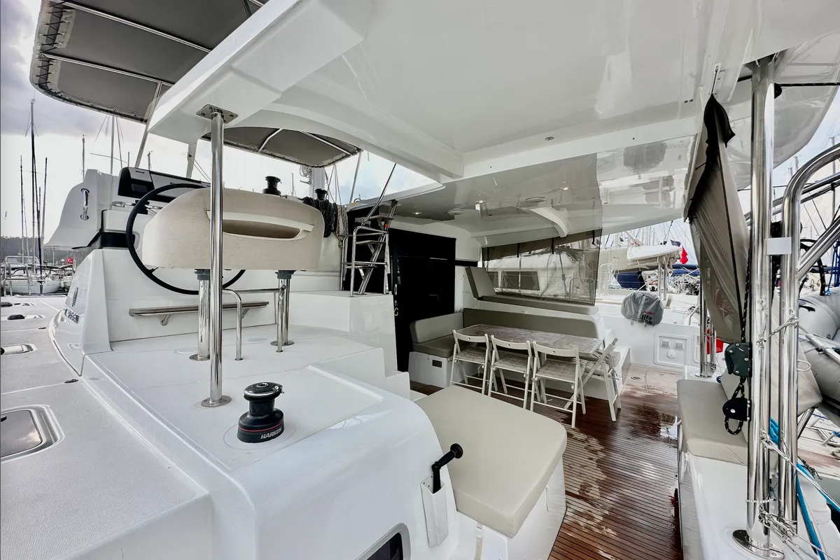 Deck of Sail Adasu, a Lagoon 42 catamaran at Fethiye, Turkey
