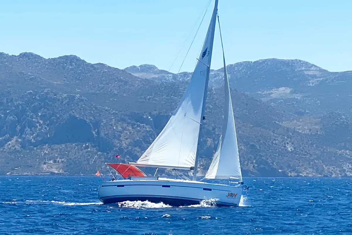 Exterior view of Roger Rabbit, a Bavaria 37 sailboat at Fethiye, Turkey