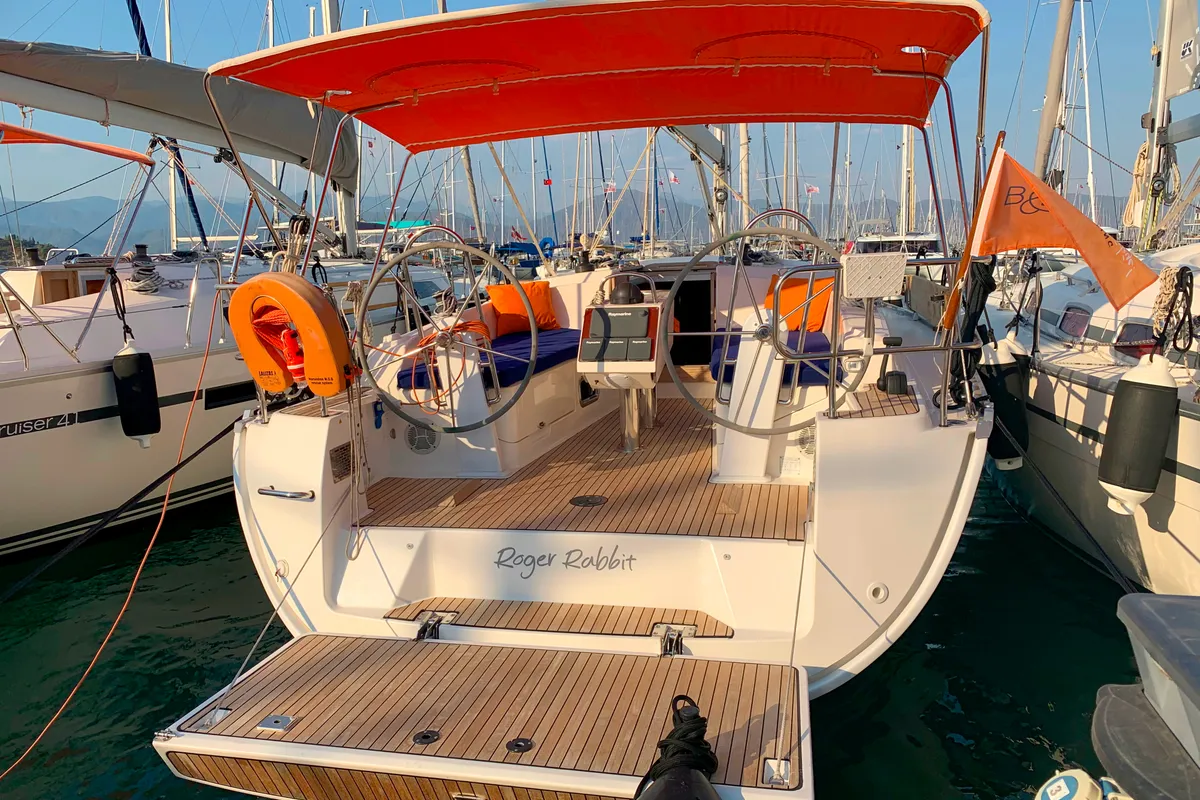 Deck of Roger Rabbit, a Bavaria 37 sailboat at Fethiye, Turkey