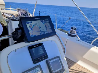Cockpit of Bavaria 38, a sailboat at Volos, Greece