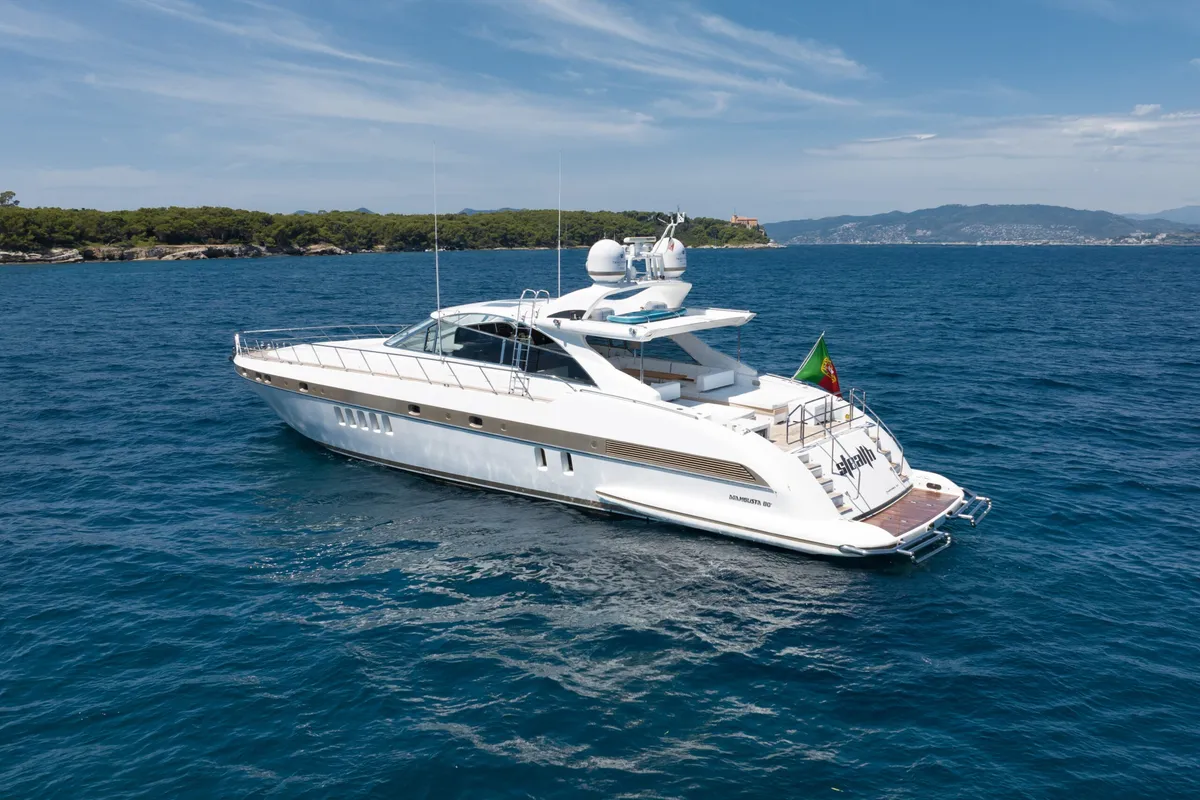 Exterior view of Stealth One, a Gulet Mangusta 80 motor yacht at Cannes, France