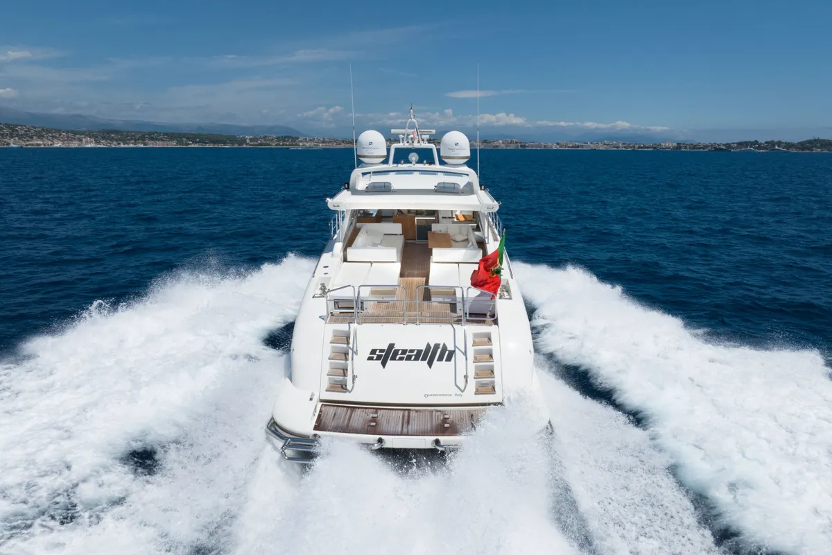 Exterior view of Stealth One, a Gulet Mangusta 80 motor yacht at Cannes, France