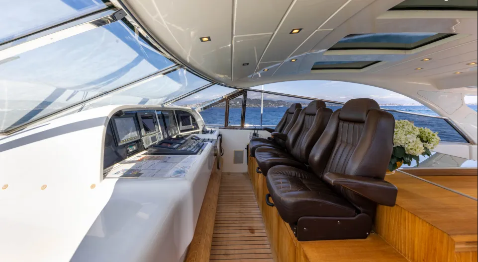 Cockpit of Stealth One, a Gulet Mangusta 80 motor yacht at Cannes, France