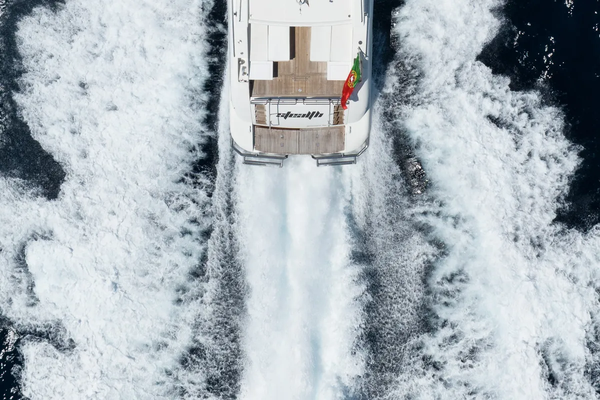 Exterior view of Stealth One, a Gulet Mangusta 80 motor yacht at Cannes, France