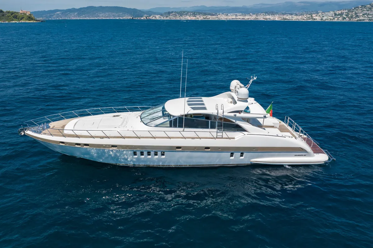 Exterior view of Stealth One, a Gulet Mangusta 80 motor yacht at Cannes, France