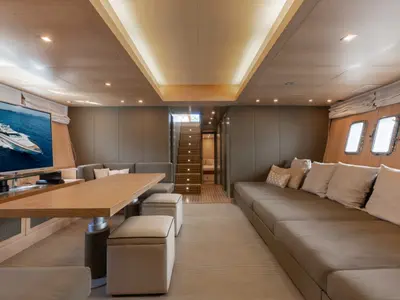 Salon of Stealth One, a Gulet Mangusta 80 motor yacht at Cannes, France