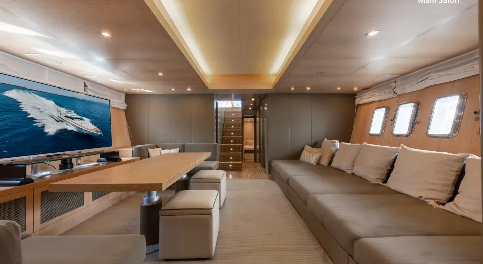 Salon of Stealth One, a Gulet Mangusta 80 motor yacht at Cannes, France