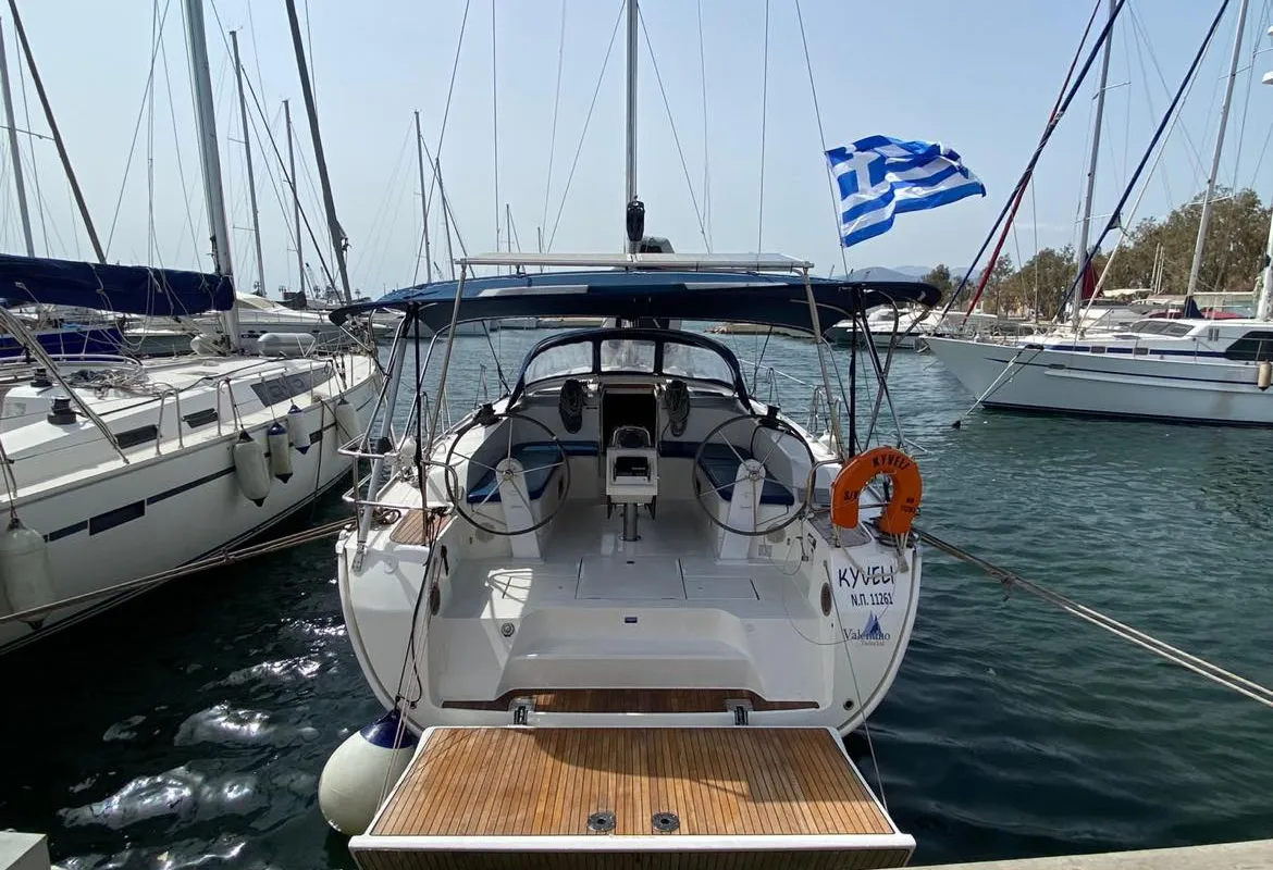 Exterior view of Kyveli, a Bavaria Cruiser 46 sailboat at Athens, Greece