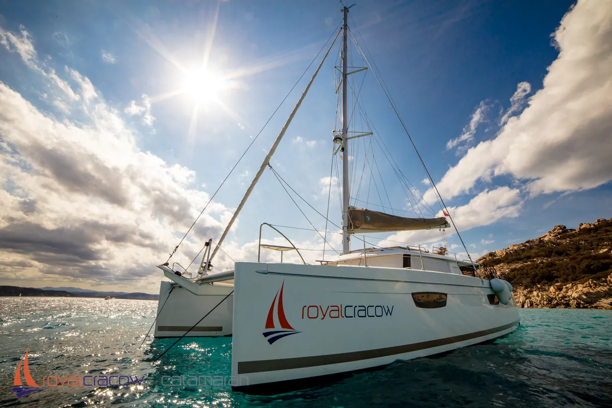 Exterior view of Royal Cracow, a Fountaine Pajot Saba 50 catamaran at Grad Trogir, Croatia