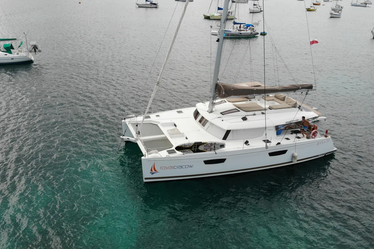 Exterior view of Royal Cracow, a Fountaine Pajot Saba 50 catamaran at Grad Trogir, Croatia