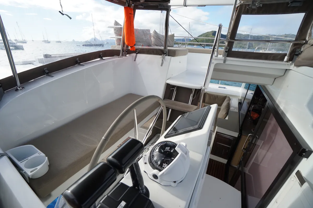 Cockpit of Royal Cracow, a Fountaine Pajot Saba 50 catamaran at Grad Trogir, Croatia
