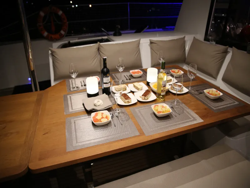 Deck of Royal Cracow, a Fountaine Pajot Saba 50 catamaran at Grad Trogir, Croatia