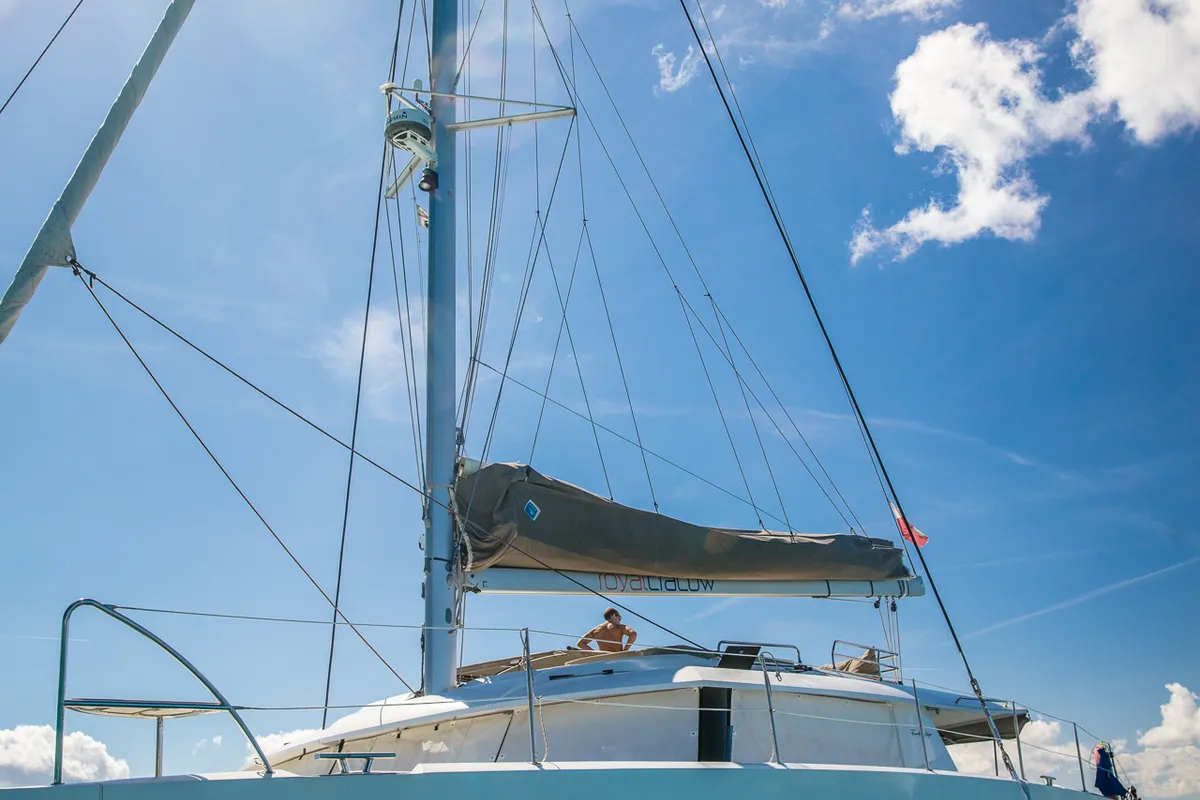 Deck of Royal Cracow, a Fountaine Pajot Saba 50 catamaran at Grad Trogir, Croatia