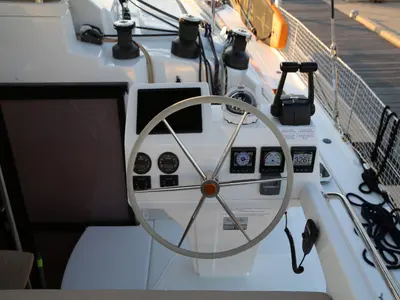 Cockpit of Royal Cracow, a Fountaine Pajot Saba 50 catamaran at Grad Trogir, Croatia