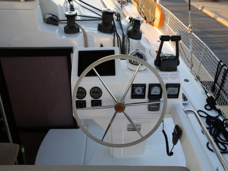 Cockpit of Royal Cracow, a Fountaine Pajot Saba 50 catamaran at Grad Trogir, Croatia