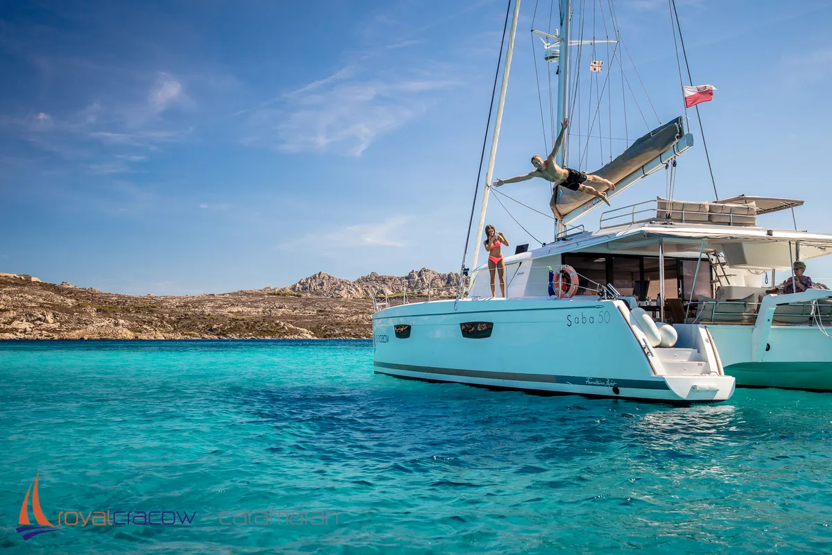 Exterior view of Royal Cracow, a Fountaine Pajot Saba 50 catamaran at Grad Trogir, Croatia