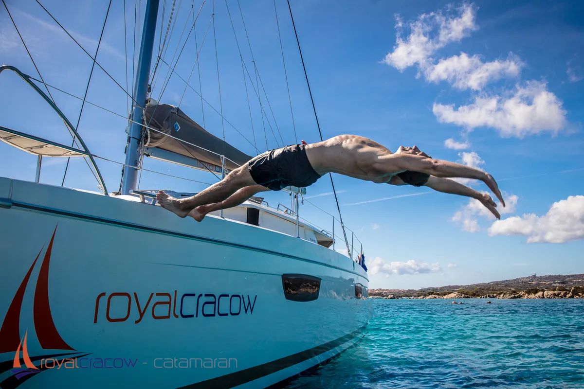 Royal Cracow, a Fountaine Pajot Saba 50 catamaran at Grad Trogir, Croatia