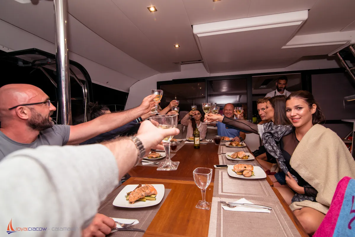 Salon of Royal Cracow, a Fountaine Pajot Saba 50 catamaran at Grad Trogir, Croatia