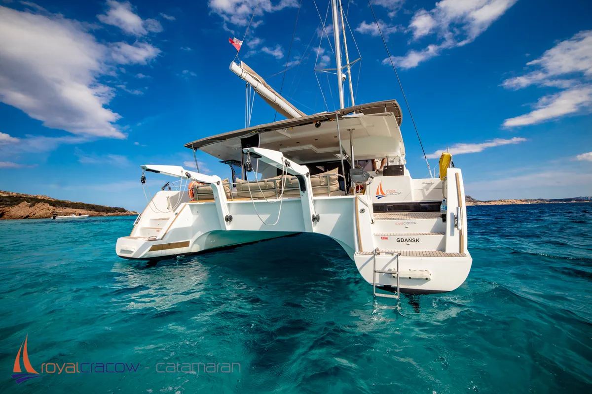 Exterior view of Royal Cracow, a Fountaine Pajot Saba 50 catamaran at Grad Trogir, Croatia