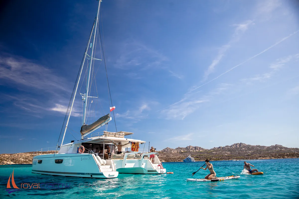 Exterior view of Royal Cracow, a Fountaine Pajot Saba 50 catamaran at Grad Trogir, Croatia