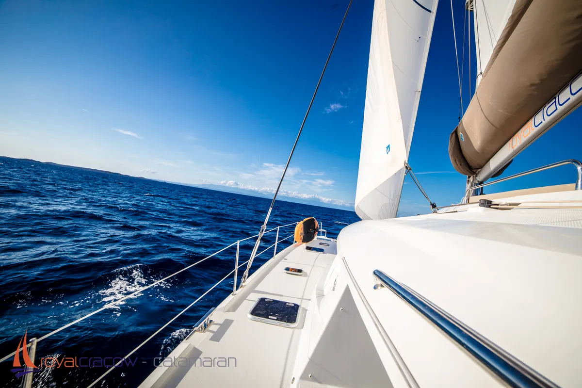 Deck of Royal Cracow, a Fountaine Pajot Saba 50 catamaran at Grad Trogir, Croatia