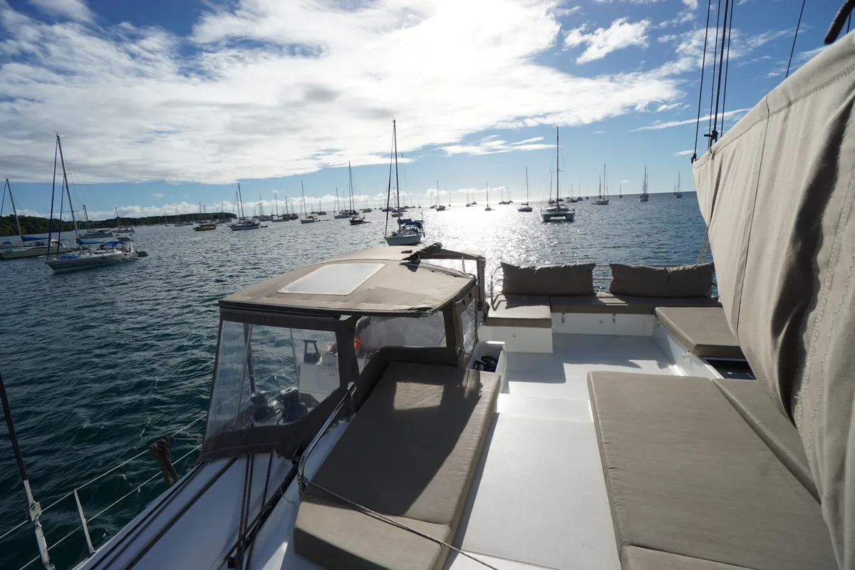 Deck of Royal Cracow, a Fountaine Pajot Saba 50 catamaran at Grad Trogir, Croatia